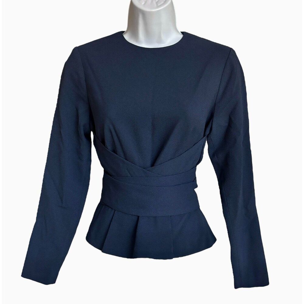 Dress the Population Andreas Wrap Belt Top Size S Navy Blue Crepe Career Office